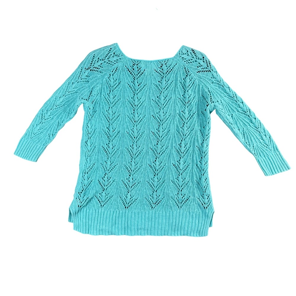 St.‎ John's Bay Teal Blue Lace Crochet Knit Cottagecore Grannycore Sweater Top S - Picture 3 of 6